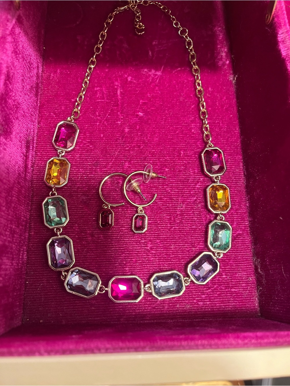 Multi-Color Gemstone Necklace and Earring Set - Gold Tone